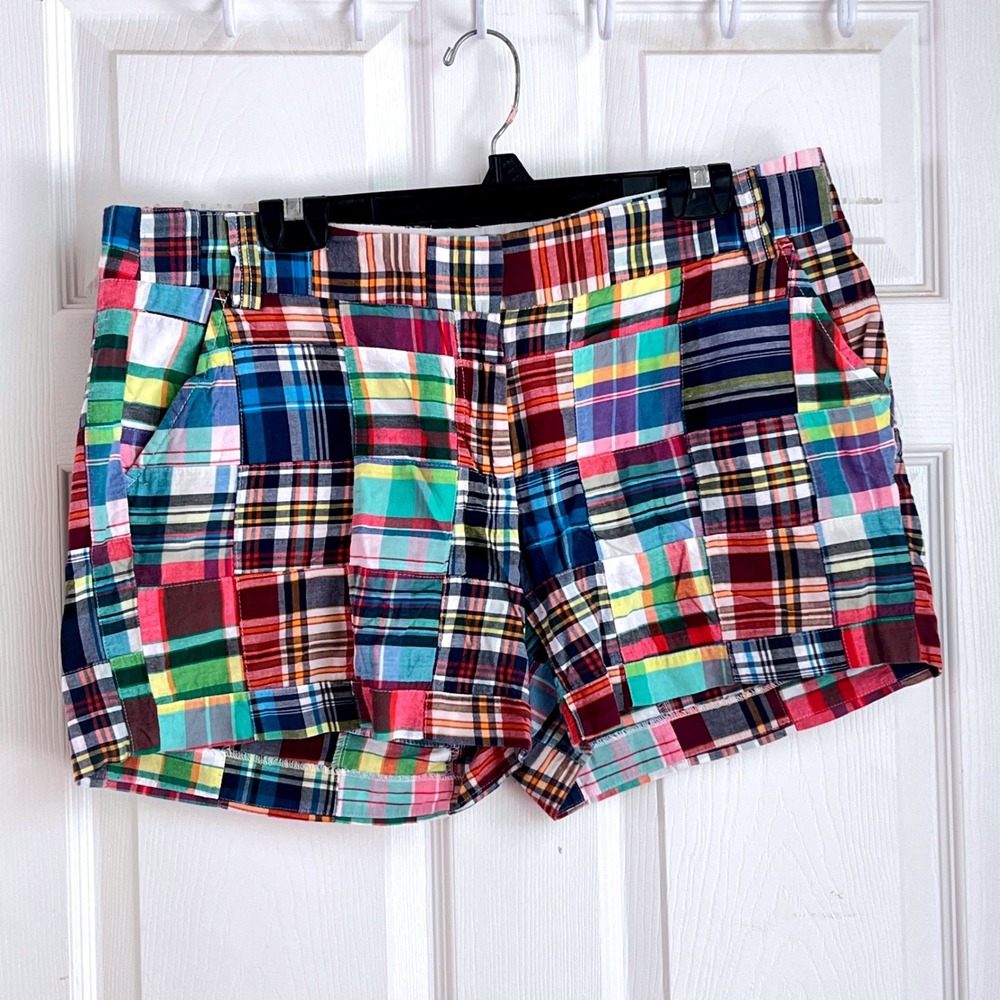 J.Crew Patchwork Madras Shorts 14 Womens City Fit Plaid Preppy Summer Coastal - Picture 2 of 10
